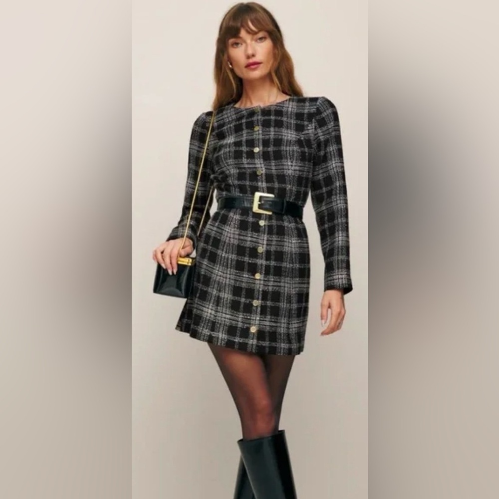 Reformation Oliana Black and White Plaid Long Sleeve Dress